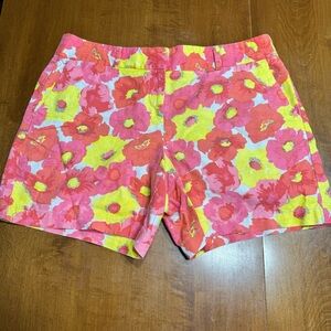 Ann Taylor Loft Linen Blnd Chino Shorts Bright Pink Yellow Salmon Flower Sz 10